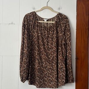 Ava & Viv Womens Plus Size‎ 0X Leopard Print Long Sleeve Scoop Neck Blouse Brown